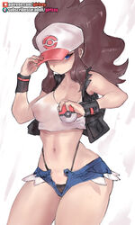 1girls baseball_cap black_panties black_underwear black_vest black_wristband blue_shorts breasts brown_hair clavicle cleavage closed_mouth covered_erect_nipples crop_top cutoffs denim denim_shorts female girlsay grey_background hands_up hat hi_res high_ponytail highleg highleg_panties hilda_(pokemon) holding holding_object holding_poke_ball large_breasts long_hair micro_shorts midriff navel nintendo open_fly panties panties_visible panty_lift pink_headwear poke_ball pokemon pokemon_bw print_headwear shiny shiny_skin shirt shorts sidelocks sleeveless sleeveless_shirt solo stomach taut_clothes taut_shirt unbuttoned underwear unzipped vest white_background white_headwear white_shirt wide_hips wristband