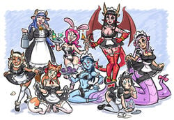 2021 6+girls bunny_girl cat_girl cow_girl dragon_girl female_only fox_girl harem hooksnfangs maid maid_headdress maid_uniform mermaid monster_girl original sheep_girl snake_girl tagme