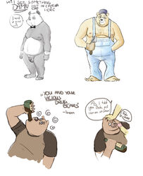 2008 anthro balls black_body black_fur brown_body brown_fur clothing dialogue drinking drunk english_text erection fur genitals giant_panda group hat headgear headwear male male/male mammal osos overalls overweight overweight_male penis simple_background substance_intoxication text ursid white_background white_body white_fur