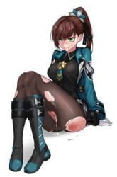 1girls angry black_survival brown_hair cum fiora_pellerin green_eyes hair_ornament leaking obex117 partially_clothed ponytail simple_background spank_marks sweat torn_clothes torn_legwear