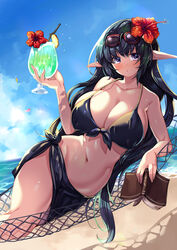 1girls bangs beach bikini black_hair blush book cleavage cup drinking_glass elf eyewear_on_head female flower hair_ornament hammock highres large_breasts long_hair looking_at_viewer ocean open_mouth original pointy_ears purple_eyes ruri_rarako sarong sky solo sunglasses sunglasses_on_head swimsuit