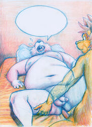 2008 anal anthro balls bed erection felid furniture genitals humanoid_genitalia humanoid_hands humanoid_penis lion lying male male/male mammal moobs nipples osos overweight overweight_male pantherine penis pillow sex size_difference small_dom_big_sub traditional_media_(artwork) ursid