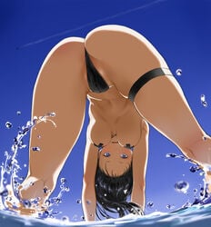 ass black_panties blue_eyes blush cameltoe female looking_at_viewer open_mouth original pasties solo spalsh tsukino_wagamo water