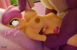 3d 3d_(artwork) absurd_res anthro blender_(software) breast_lick breasts digital_media_(artwork) dragon duo equid equine female friendship_is_magic hasbro hi_res hooves-art horse licking male male/female mammal my_little_pony pony scootaloo_(mlp) smile smooth_skin spike_(mlp) stomach_bulge tongue tongue_out yellow_body