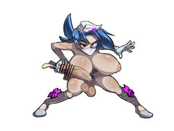 1futa balls big_balls blue_hair breasts cum eyepatch fried-chicken futa_only futanari huge_breasts huge_cock human large_breasts large_penis mask nude nurse penis red_eyes skullgirls solo standing tan valentine_(skullgirls)