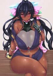 1girls bare_shoulders black_hair blush curvy dark-skinned_female dark_elf dark_skin elf female female_focus female_only hair_ribbon huge_breasts long_hair looking_at_viewer midriff navel pink_eyes pointy_ears poko_chin ribbon shiny_skin shorts sideboob sitting smile solo wide_hips