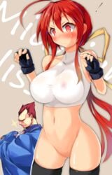 another_kung_fu_girl blush bottomless dai_fuku embarrassed large_breasts red_eyes red_hair see-through see-through_clothing see-through_top