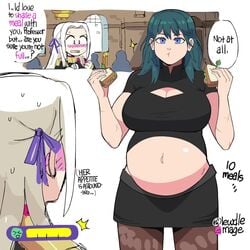 2girls animated bbw belly_button big_belly blue_eyes blushing byleth_(fire_emblem) byleth_(fire_emblem)_(female) chubby chubby_female cleavage cleavage_cutout dr-worm eating edelgard_von_hresvelg english_text fat fat_girl fat_woman female_only fire_emblem fire_emblem:_three_houses flustered food green_eyes green_hair large_breasts lesbian lewdlemage midriff nintendo no_sound overweight overweight_female ribbon sandwich short_skirt signature silver_hair stuffing video weight_gain white_hair