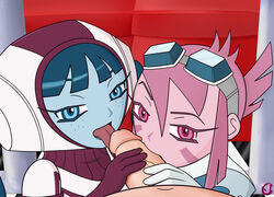 blowjob blue_hair certhana coryiran kolirine pink_hair super_robot_monkey_team_hyperforce_go threesome