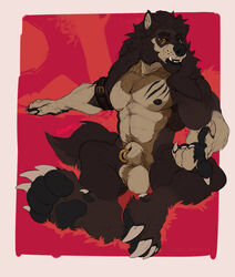 abs animal_genitalia anthro balls bracelet canid canine canis caronte digital_media_(artwork) fluffy genitals hi_res jewelry looking_at_viewer male mammal muscular muscular_anthro muscular_male necklace nipples nude pawpads paws pecs pendant piercing scar sheath simple_background solo wolf