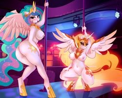 2021 absurd_res alicorn anthro areola ass breasts crouching cutie_mark dancing daybreaker_(mlp) digital_media_(artwork) duo equid equine eyebrows eyelashes female fingers friendship_is_magic genitals hasbro hi_res horn inside mammal my_little_pony nipples open_mouth pole pole_dancing princess_celestia_(mlp) pussy text wings xjenn9