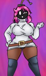 1girls big_ass black_skin bob-omb female hands-free huge_ass luiron mario_(series) nipples nipples_visible_through_clothing pink_hair shy-bomb shy_gal smiling solo solo_focus thick thick_legs wide_hips