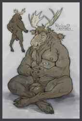 absurd_res anthro antlers balls border capreoline cervid genitals grey_border hi_res horn male mammal moose musclegut muscular muscular_male nipples nude piercing priscillasheep sitting solo tattoo