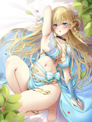 1girls armpits arms_up bangs bare_legs bare_shoulders barefoot bikini blonde_hair blue_eyes blush bridal_gauntlets cleavage collar elf female hair_rings jewelry large_breasts long_hair looking_at_viewer lying navel navy_(navy.blue) on_back open_mouth original pointy_ears sarong solo