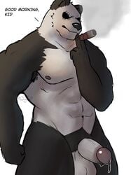 2021 abs absurd_res anthro balls beastars black_sclera bodily_fluids cigar dialogue english_text erection genital_fluids genitals giant_panda gouhin hi_res humanoid_genitalia humanoid_penis jayjay_(artist) looking_at_viewer male male_only mammal muscular muscular_anthro muscular_male navel nipples nude pecs penis precum scar simple_background smoke smoking solo standing talking_to_viewer text ursid white_background