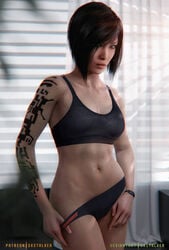 1girls 3d 3d_(artwork) abs arm_tattoo asian asian_female black_hair black_panties bra dark_hair electronic_arts eye_tattoo faith_connors faith_connors_(mirror's_edge_catalyst) female female_only looking_at_viewer mirror's_edge mirror's_edge_catalyst navel panties panty_pull short_hair skstalker small_breasts solo solo_female sports_bra tattoo tattoos underwear wristwear