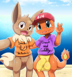 1boy 1girls anthro balls ballsack big_balls big_penis blue_eyes blush bottomless brown_body brown_eyes brown_fur charmander clothed clothing cute_fangs dipstick_tail eevee english_text female fire flaccid foreskin fur furry genitals gesture hat headgear headwear intact male multicolored_tail nintendo ofuro open_mouth open_smile pantsless penis pokémon_(species) pokemon pokemon_(species) pussy red_clothing red_hat red_headwear ruff scalie scrotum selfie shaved_crotch shirt smile smooth_penis straight t-shirt tail testicles text topwear uncut unretracted_foreskin v_sign video_games