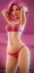 1girls 3d 3d_(artwork) armpits arms_behind_head arms_up blue_eyes cat_eyes female female_only jineisho maeve_(paladins) paladins pink_hair pink_underwear solo solo_female underwear