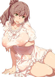 1futa arm_support breasts censored cevio clothed clothing commentary_request covered_navel cum dress futa_only futanari green_eyes highres inverted_nipples large_breasts mosaic_censoring mostly_clothed no_bra no_panties open_mouth penis puffy_short_sleeves puffy_sleeves satou_sasara see-through short_hair short_sleeves simple_background sitting solo solo_futa takemura_sesshuu thighs wet wet_clothes white_background white_dress