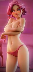 1girls 3d 3d_(artwork) blue_eyes bra_removed cat_eyes female female_only jineisho maeve_(paladins) paladins pink_hair pink_underwear solo underwear undressing