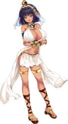 absurdres arm_guards armlet bare_shoulders black_hair blue_eyes cleavage crossed_arms dark-skinned_female dark_skin egyptian egyptian_clothes full_body hair_ornament hi_res high_resolution highres hinata_sora large_breasts midriff navel open_mouth pelvic_curtain sandals short_hair simple_background smile solo standing veil white_background