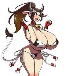 1girls alternate_version_available big_breasts bikini blush brown_hair cleavage cow_girl cow_print gigantic_breasts huge_breasts king_of_fighters large_breasts mai_shiranui matsu-sensei moo_bitch ponytail snk solo tagme