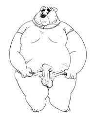 2015 anthro balls clothing erection genitals humanoid_genitalia humanoid_hands humanoid_penis male mammal morbidly_obese obese osos overweight overweight_male penis shirt simple_background solo topwear ursid white_background