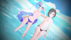 2girls 3d artist_request beach belly belly_button bikini_bottom black_hair blue_eyes casual casual_nudity casual_topless crown female female_only high_ponytail hips human inner_tube legs light-skinned_female light_skin multiple_girls nipples no_shirt nonsexual_nudity ocean ponytail posing public_nudity ruby_rose rwby side-tie_bikini silver_eyes small_breasts sunglasses sunglasses_on_head tiara topless water weiss_schnee white_hair