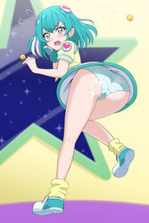 acchi_(koiyimknp) ass asymmetrical_gloves bangs blue_eyes blue_gloves blue_hair blue_panties blush clothing cum cum_on_ass cum_on_clothes embarrassed eyebrows_visible_through_hair female fingerless_gloves floating_hair from_behind full_body gloves hagoromo_lala hair_between_eyes hair_ornament heart heart_print highlights highres long_hair looking_at_viewer miniskirt multicolored_hair open_mouth panties pantyshot pointy_ears precure pretty_cure shiny shiny_hair shirt short_sleeves single_glove skirt socks solo star_twinkle_precure suprise_cumshot underwear wavy_mouth white_skirt yellow_legwear yellow_shirt