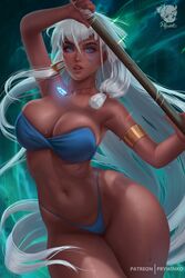 1girls armlet atlantis:_the_lost_empire belly blue_eyes child_bearing_hips cleavage crystal_necklace dark-skinned_female dark_skin disney female hourglass_figure human kida large_breasts long_hair looking_at_viewer neckwear prywinko royalty staff thick_thighs thong thunder_thighs voluptuous wet white_hair