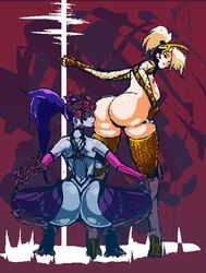 2d ass backboob blue_skin elbow_gloves giant high_heels huge_ass large_breasts long_hair looking_at_viewer looking_back mercy miyatakun overwatch ponytail presenting_hindquarters purple_hair purple_skin stockings stripper_pole tattoo thick_thighs thighhighs tight_clothing widowmaker