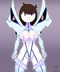 2021 alternate_costume areola areola_slip armor breasts brown_hair bubjones cosplay eyebrows eyebrows_visible_through_hair female hi_res jaiden jaiden_animations jaidenanimations junketsu junketsu_(cosplay) kill_la_kill kiryuuin_satsuki_(cosplay) looking_at_viewer navel pubes pubic_hair signature solo standing watermark youtube youtuber