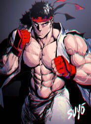 1boy capcom head_band male_only muscular muscular_male ryu_(street_fighter) ryu_hoshi serious_look simple_background street_fighter suyohara