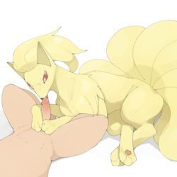 ambiguous_gender bodily_fluids duo fellatio_from_feral feral genital_fluids genitals hi_res human human_on_feral interspecies licking lying male male/ambiguous male_on_feral mammal multi_tail ninetales nintendo on_back on_side oral pawpads paws paws_on_penis penile penis penis_lick pokémon_(species) poképhilia pokemon precum red_eyes saliva saliva_on_penis sex spread_legs spreading tongue tongue_out video_games youjomodoki zoophilia