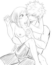 1boy 1boy1girl 1girls bare_breasts blush blushing breast female grchloex groping_breast hetero holding_cheek katsuki_bakugou male male/female my_hero_academia ochako_uraraka smirking straight