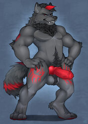 absurd_res amberblue animal_genitalia anthro ball_tuft balls big_balls big_penis body_hair canid canine canis genitals happy_trail hi_res looking_at_viewer male mammal markings muscular penis presenting presenting_penis red_eyes rupee_(character) solo tattoo teeth_showing tribal_markings tuft wolf