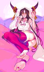 1girls accessory ass barefoot bed big_feet black_hair blush blushing cashumeru clothed_female clothing fate_(series) feet foot_fetish foot_focus horn horns large_breasts legwear long_hair long_toes looking_down meaty_soles mostly_clothed nail_polish pink_nails pink_toenails presenting_feet sesshouin_kiara soles solo solo_female stirrup_legwear toenail_polish toenails toes yellow_eyes