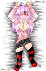 1girls arms_up artist_name black_shorts black_stripes breasts clothed clothed_female collar cum cum_drip cum_on_breasts cum_on_face dakimakura face_mask female female_only heart-shaped_pupils hoodie long_hair long_sleeves looking_at_viewer medium_breasts one_eye_covered open_hoodie pale-skinned_female pale_skin pink_hair pink_hoodie pink_sleeves pink_topwear red_stripes roblox roblox_avatar shorts sleeves solo striped_legwear stxrii_lyn thighs