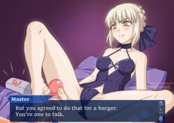 >:( angry annoyed artist_name artoria_pendragon artoria_pendragon_(alter) bare_shoulders barefoot blonde_hair blush burbur censored closed_mouth collarbone commentary embarrassed english_commentary english_text eyebrows_visible_through_hair fate/grand_order fate_(series) feet female footjob frown hair_ornament legs_apart looking_at_another mixed-language_commentary mosaic_censoring penis spread_legs toes two-footed_footjob v-shaped_eyebrows watermark yellow_eyes