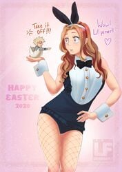 1girls blonde_hair bunny_ears bunny_girl bunnysuit camie_utsushimi easter eggshell english_text female female_focus female_only fishnets golden_eyes katsuki_bakugou miniboy my_hero_academia posing pout pouty_lips shrink solo_focus text