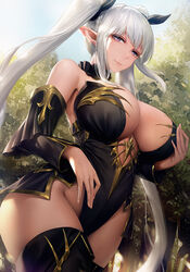 1girls absurdres bare_shoulders black_dress black_legwear blue_sky blush choker cowboy_shot day detached_sleeves dress elf female gold_trim hair_ribbon highres large_breasts long_hair looking_at_viewer obaoba_(monkeyix) original outdoors pelvic_curtain pointy_ears purple_eyes ribbon sky smile solo strapless thighs twintails white_hair