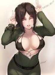 1girls attack_on_titan big_breasts black_bra black_hair blush bra breasts closed_eyes collarbone cute exposed_breasts favorite happy highres kimoshi open_mouth open_shirt open_smile pieck_finger posing shirt short_hair solo_female tagme uniform v v_sign