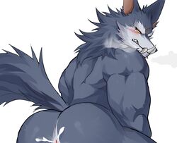 anthro anus ass biceps blush bodily_fluids canid canine canis chung0_0 cum fur genital_fluids league_of_legends male male_only mammal multicolored_body multicolored_fur muscular muscular_anthro muscular_male nude riot_games smooth_skin solo teeth two_tone_body two_tone_fur video_games warwick wolf