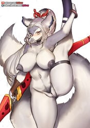 anthro areola big_breasts blush breasts canid canine female flexible genitals girlsay hakuro_(onmyoji) hi_res kemono mammal nipples nude one_leg_up pussy raised_leg solo splits spread_legs spreading standing vertical_splits