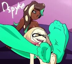 1futa 1girls 2d animated areolae bedroom big_breasts bouncing_breasts breasts cum cum_on_feet cum_on_penis cumshot dark-skinned_female darkspyke erection female foot_fetish footjob futa_on_female futanari inkling marina_(splatoon) nipples octoling pale-skinned_futanari pearl_(splatoon) pink_background sound splatoon tagme two-footed_footjob video