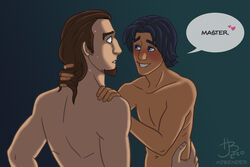 2boys beard big_nose blue_hair blush brown_hair dark_blue_eyes english_text ezra_bridger facial_hair highres hjbender imminent_sex jedi_master jedi_padawan kanan_jarrus long_hair male_focus male_only medium_hair navel nude out_of_frame_censoring short_hair simple_background speech_bubble star_wars star_wars_rebels sweatdrop text watermark