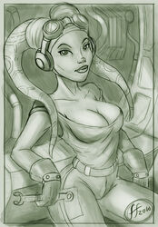 14-bis 1girls big_breasts breasts cleavage clothed clothing curvy detailed_background female_focus female_only hera_syndulla looking_at_viewer monochrome revealing_clothes smile solo star_wars star_wars_rebels twi'lek wide_hips