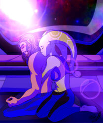 1boy 1girls breasts brown_hair canon_couple clothed clothing cyndermizuki half-dressed hera_syndulla hi_res hug interspecies kanan_jarrus kissing lekku male meditating medium_breasts medium_hair navel nipples revealing_clothes smile spread_legs star_wars star_wars_rebels text twi'lek watermark