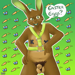 anthro easter easter_bunny harness hi_res holidays male nude pasties pubes solo soranotamashii whiskers