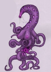 alien animal_genitalia big_breasts bodily_fluids breasts cloaca female genital_fluids genitals long_neck meandraco monster multi_eye not_furry nude open_mouth purple_body purple_eyes simple_background solo tentacle